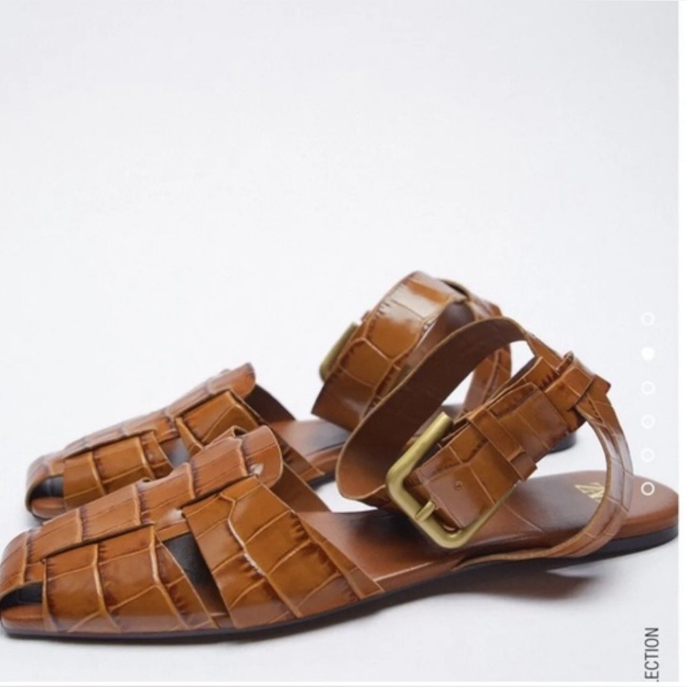 Zara Women’s genuine leather brown mock croc cage sandals